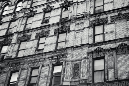black and white building windows