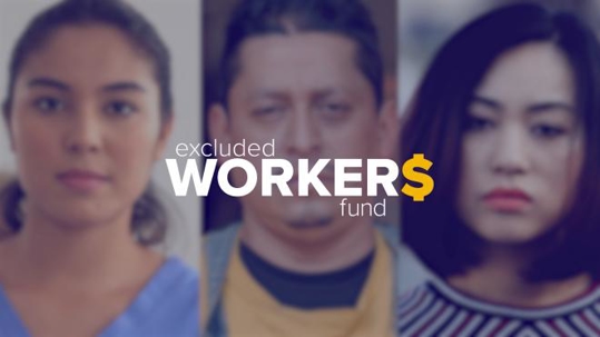 three women and one man behind logo